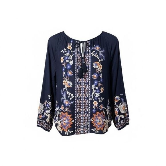 Chico's Tops - Chico's Navy Blue Floral Print Pullover Tassel Top Peasant Blouse Size 3 (XL,16)